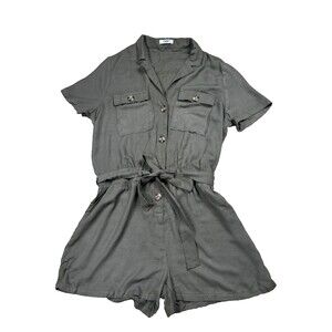 CI SONO Los Angeles Women's Safari Romper Large Olive Green Collared Pockets NWT